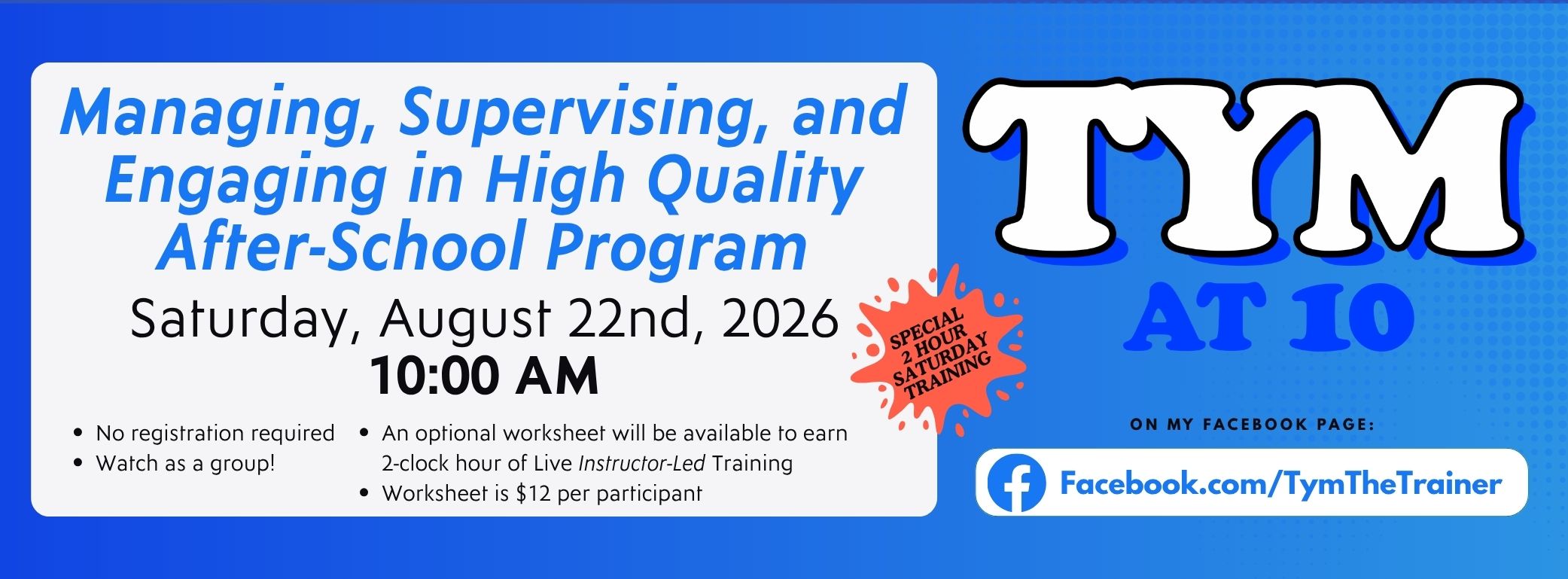 Tym at 10 Training Sat, Aug 22 2026